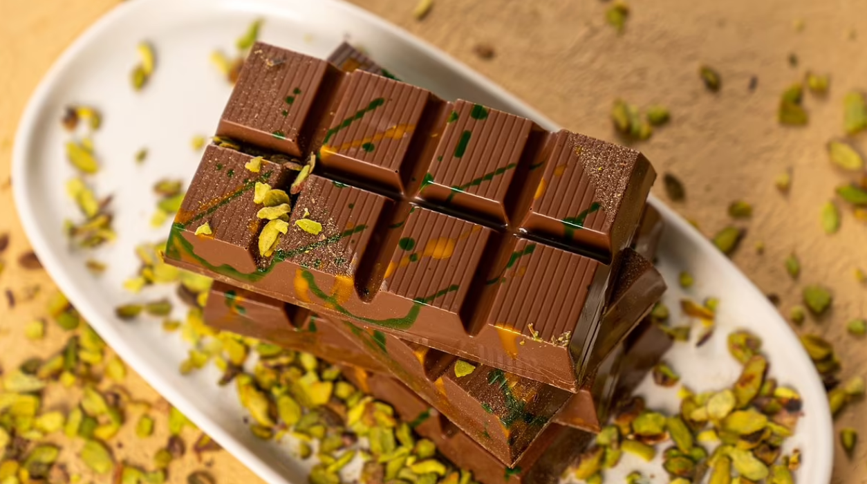 Stacked milk chocolate bars with pistachio pieces, drizzled with green and orange.