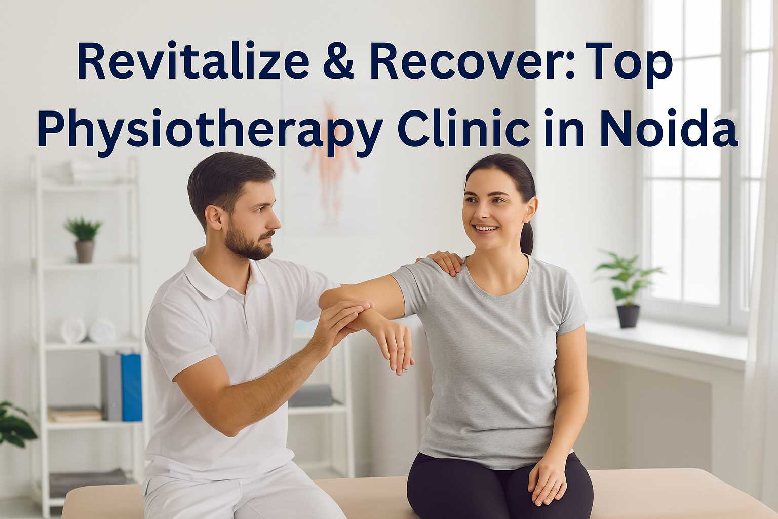 Alt text: Physiotherapist assisting a smiling female patient with shoulder exercises in a bright, modern clinic, with the text "Revitalize & Recover: Top Physiotherapy Clinic in Noida" displayed above.
