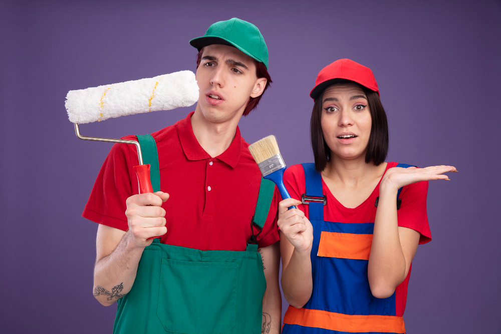 Two painters, a man and a woman, hold painting tools against a purple background.